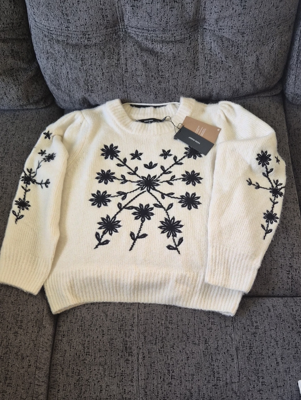 Vero Moda Cream Crewneck Sweater with Black Floral Embroidery